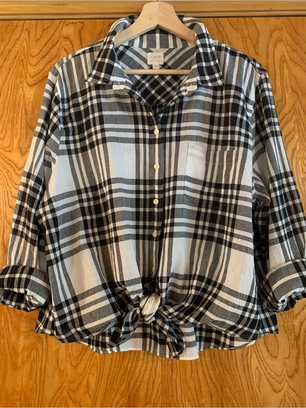 J. Crew Black and White Plaid Shirt with Tie Bottom